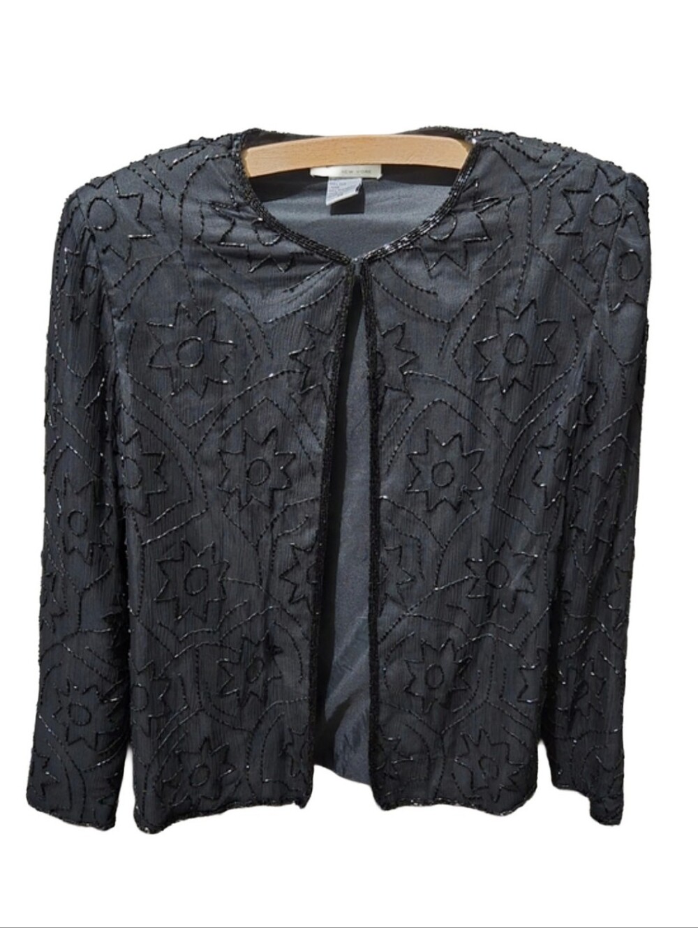 JMD New York Petite Small Black Silk Beaded Evening Jacket Formal Open Front